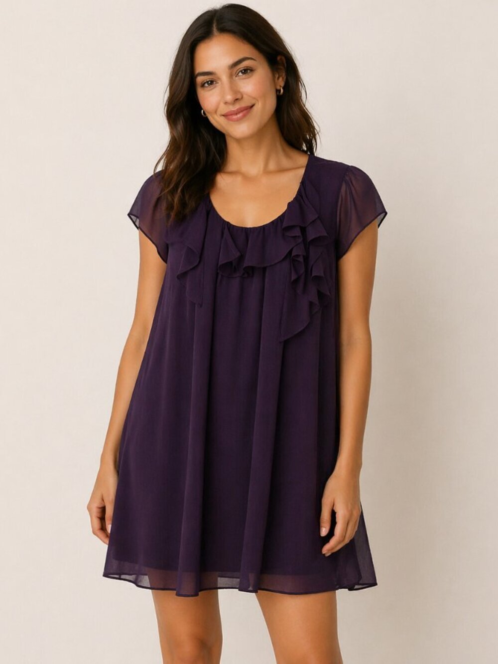 C Luce Womens Size S Purple Wine Short Cap Sleeve Ruffle Tunic Dress Small